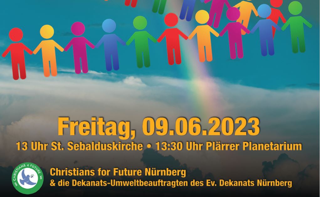Plakat Einladung zur Menschenkette für Klimagerechtigkeit 9. Juni 2023 13:00h St. Sebald Nürnberg