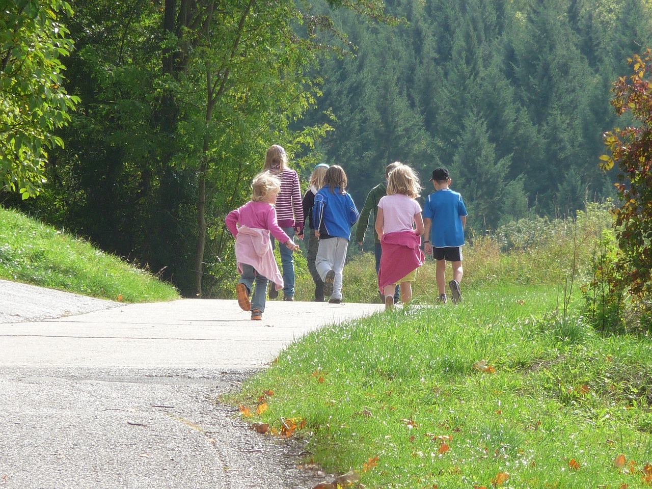 Kinder die einen Waldweg entlang laufen