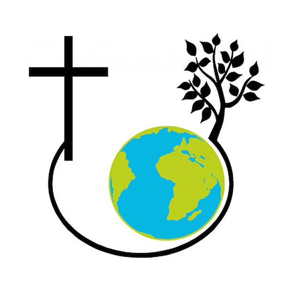 Logo: Gemeinde fair und nachhaltig, mit einem Kreuz, Baum und einer Erdkugel