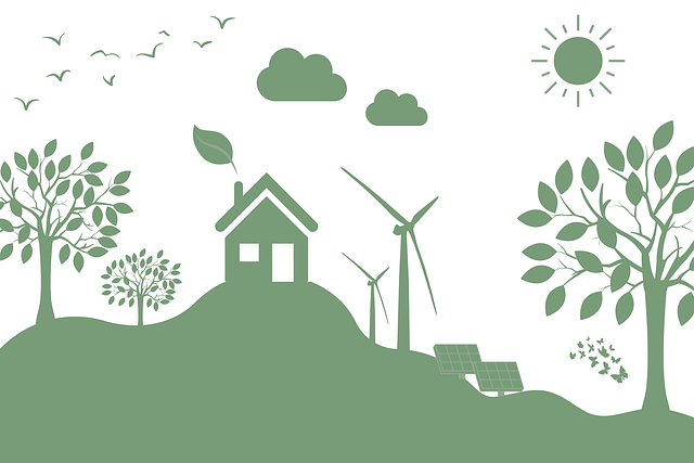 Illustriertes Haus umgeben von Windrädern, Bäumen, Sonne und Photovoltaikanlagen