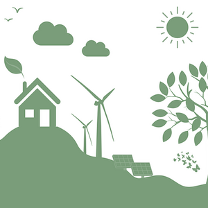 Illustriertes Haus umgeben von Windrädern, Bäumen, Sonne und Photovoltaikanlagen