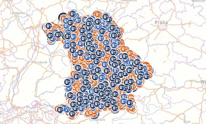 Bayernkarte mit eingezeichneten Ladestationen