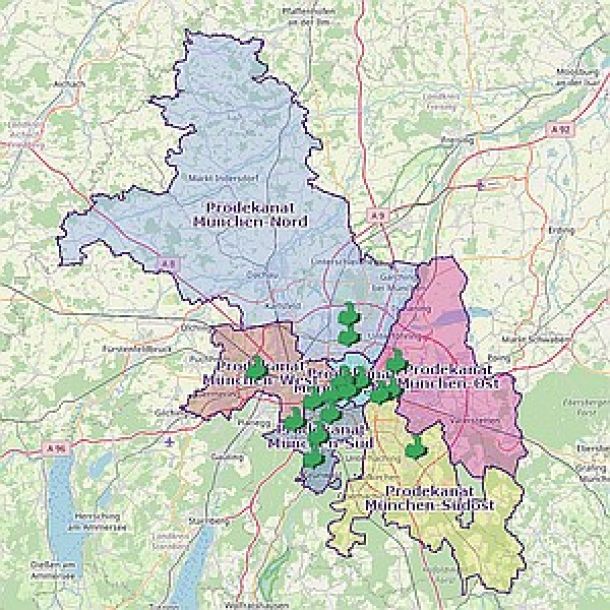 Karte des Dekanats München mit grünem Gockel - von der Webseite des Dekanats