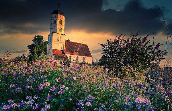 Blumenwiese vor Kirche;Bild von Albrecht Fietz auf Pixabay
